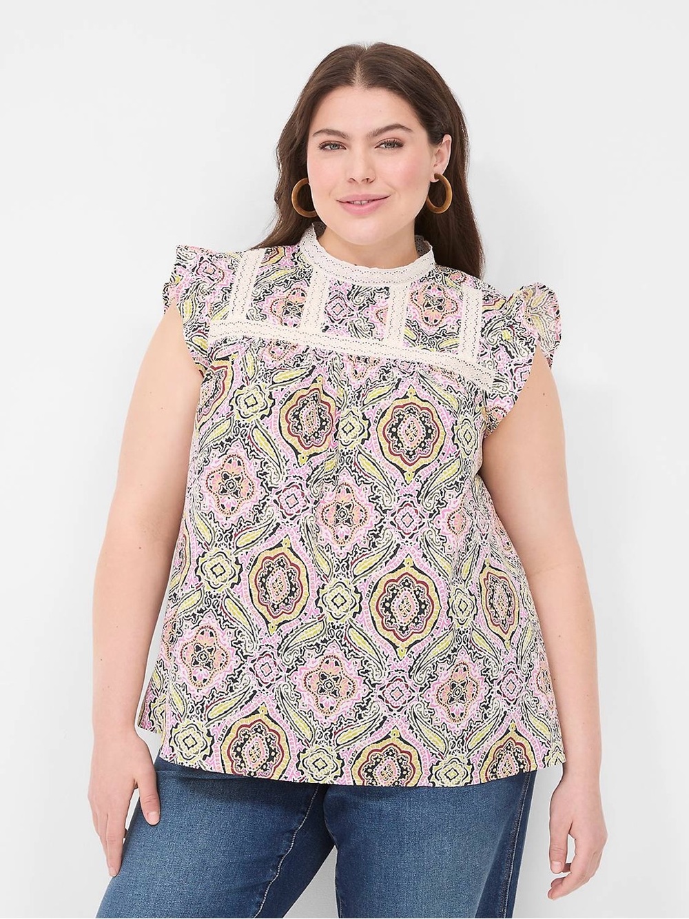 NWT Lane Bryant ‘Ruffle Cap-Sleeve Lace-Trim Top’ in “Multi Geo” Plus Size 22